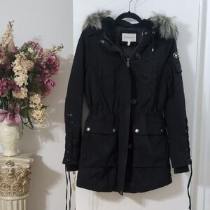BCBGeneration Black Utility Jacket with Faux Fur Hood